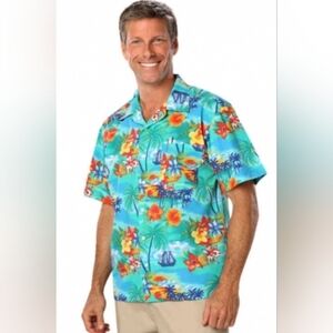 M232) Blue Generation Tropic Print Short Sleeve Hawaiian Shirt Size XL